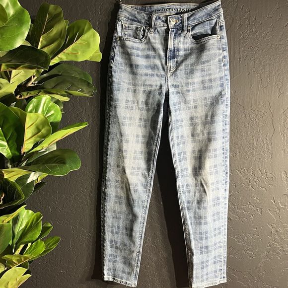 American Eagle Jeans Women Size 00R Blue Medium Wash Plaid Print Stretch 90s Y2K - Picture 1 of 16